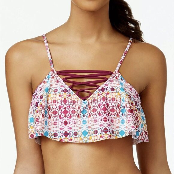 Hula Honey Other - NWT Hula Honey Flounce Bikini Top Junior's Size Small Wine Multi Print Lace Up